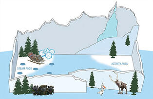 Image of a digital diorama concept for Disney on Ice Red Carpet event, with mountain, castle, and character-shaped cutouts and faux pine trees and sleigh.
