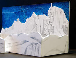 Image of a 3D foamcore diorama concept for Disney on Ice Red Carpet event featuring mountains and ice castle.